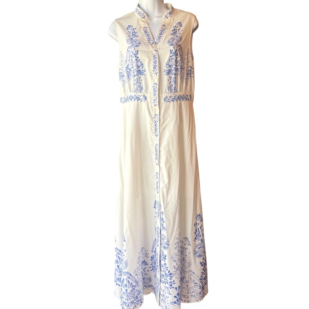 Shein Maxi Dress Blue White Floral Sleeveless Button Front Boho Size Medium